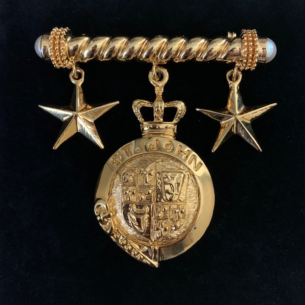 Vintage St. John Knits Gold Pin Brooch- Pearls, Stars, Shield
